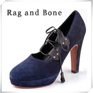 Rag and Bone Bailey Suede Ankle Lace up Platform Pumps Heel Navy with Black Sz 9